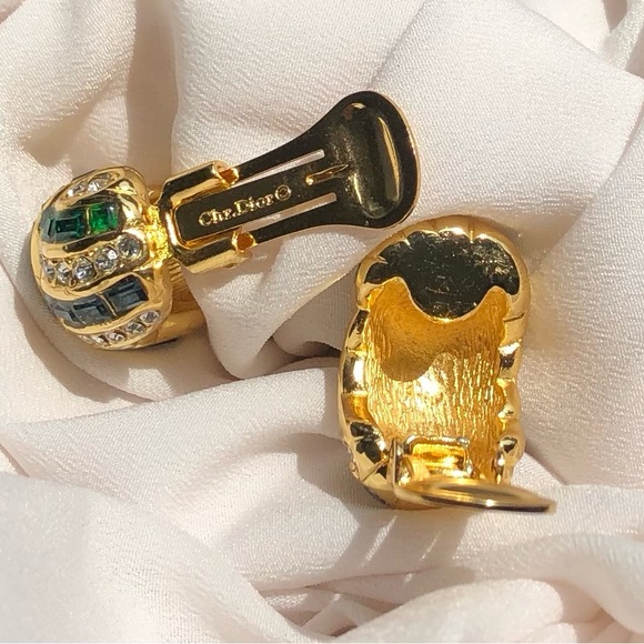 Vintage Christian Dior Crystal Clip On Huggie Yellow Gold Plated Earrings Signed - Picture 8 of 8